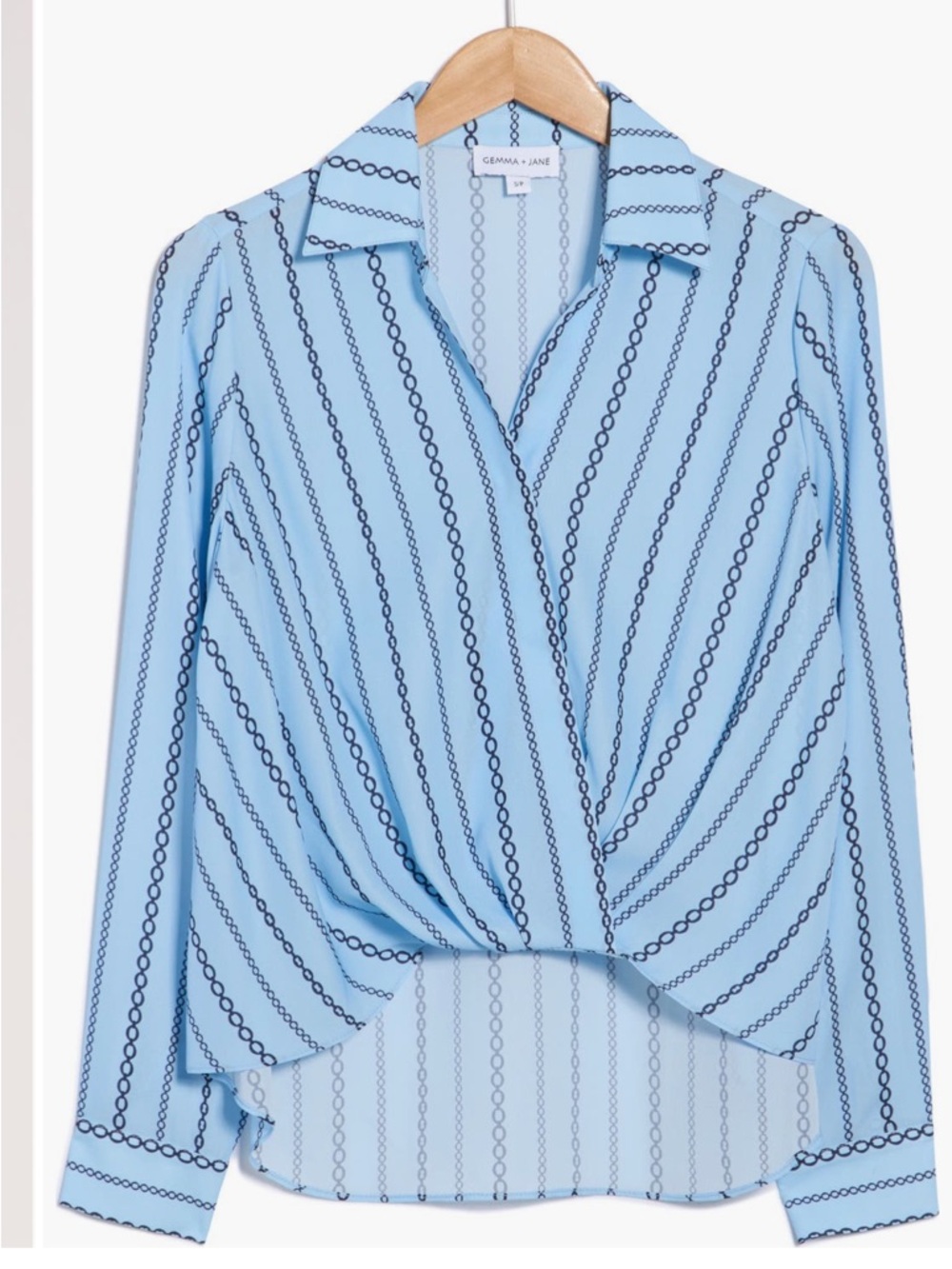 Crossover Long Sleeve High Low Top Blue Chain Blouse Small NWT